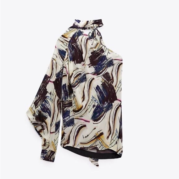 Zara Printed Asymmetric‎ Blouse LIMITED EDITION Multi Color M NWT - Picture 3 of 8
